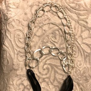 Silver multilayer necklace with black ribbon ties